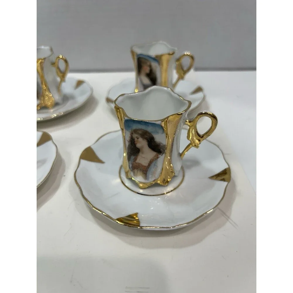 Vintage European Art Nouveau Portrait Demitasse Cups Saucers Mold 1066 Gilding